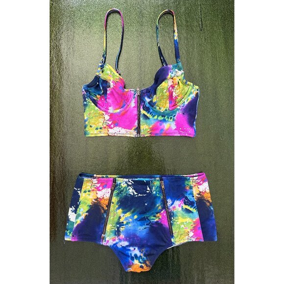 Splatter Paint Highwaisted Two Piece Balcony Bikini Swimwear with Zippers - Picture 1 of 4